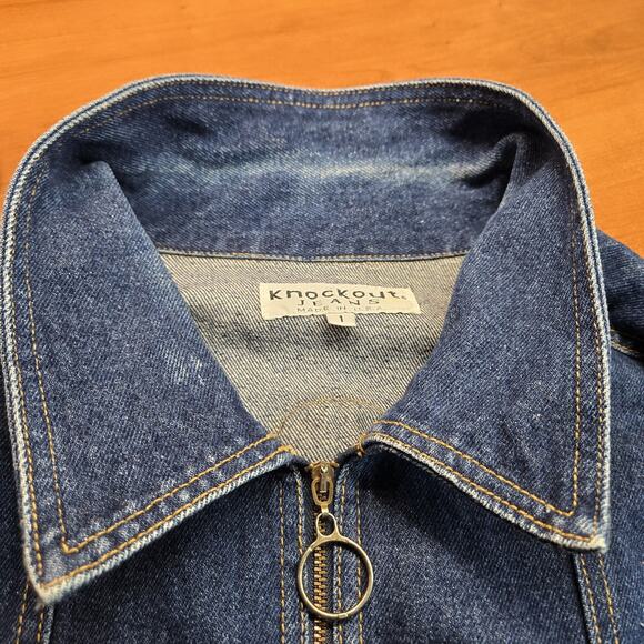 VTG Knockout Denim Jacket Sz 2XL Blue Quarter Zip Pullover Logo USA - Picture 12 of 16